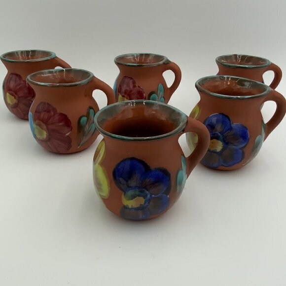 Set of 6 Mexican Clay Pottery Coffee Cup Chocolate Mug Hand Painted Flowers EUC - Picture 6 of 16
